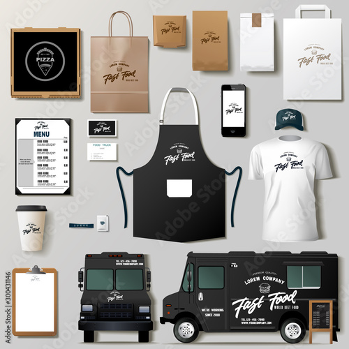 Vector food truck corporate identity template design set. Branding mock up. photo