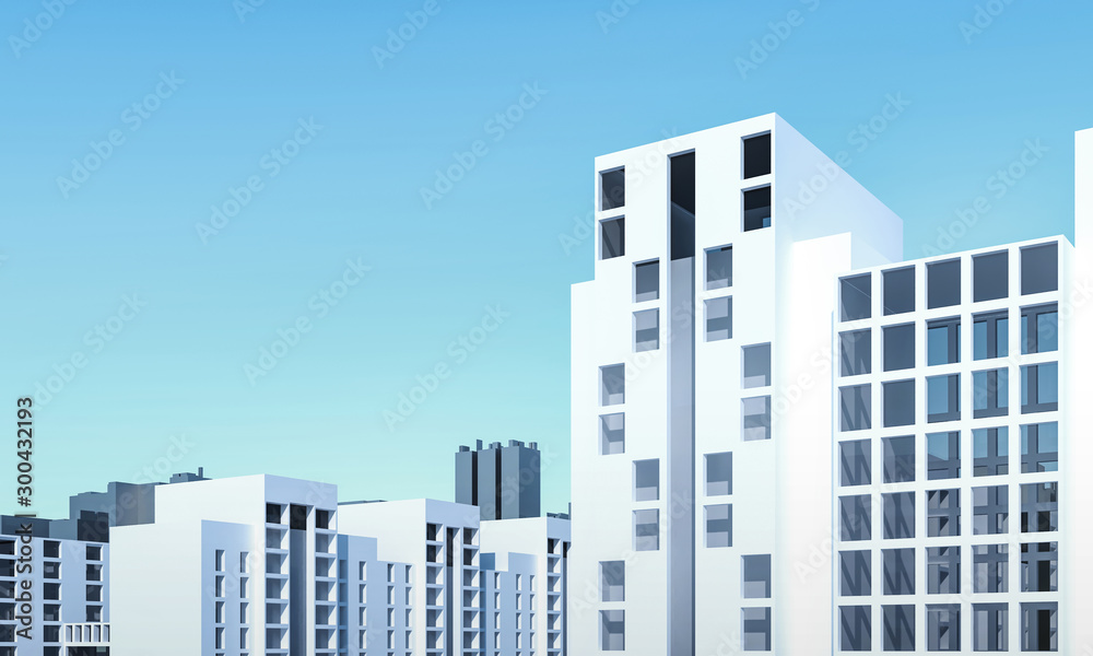 Office building corporation. City Urban 3D panorama on blue sky. Render illustration. Apartment advertising promotion banner. Office business center environment. High-rise skyscrapers - rental estate