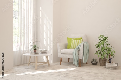 Stylish room in white color with armchair. Scandinavian interior design. 3D illustration © AntonSh