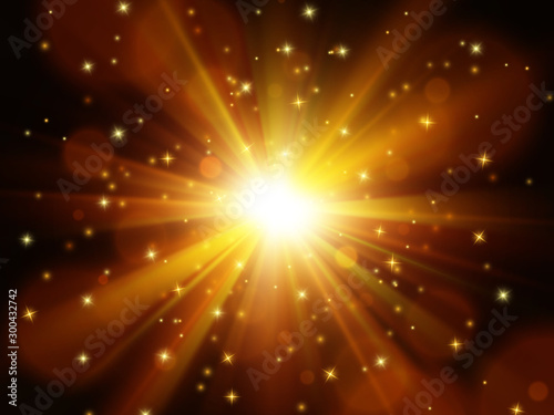 Light effect. Star burst with sparkles. Gold glitter texture. Festive background