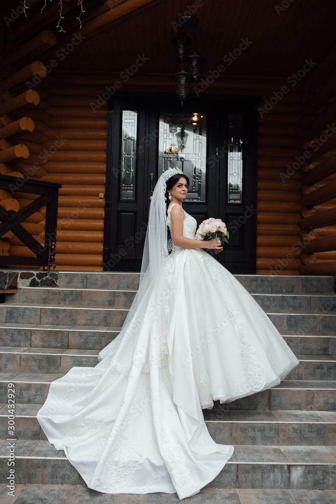 Beautiful bride in luxurious ballroom dress walking up the stairs with beautiful bouquet. Beautiful bride with stylish make up and hair style with crown stands. Young bride posing in white dress Beautiful bride in luxurious ballroom dress walking up the stairs with beautiful bouquet. Beautiful bride with stylish make up and hair style with crown stands. Young bride posing in white dress