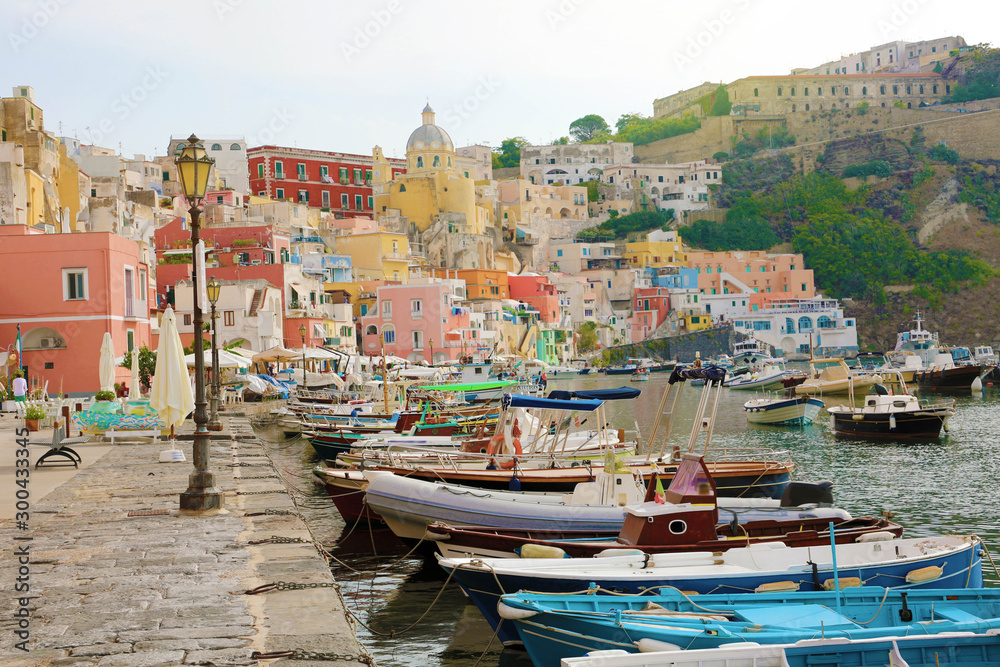 Beautiful colorful harbor of Procida island, Naples, Italy.