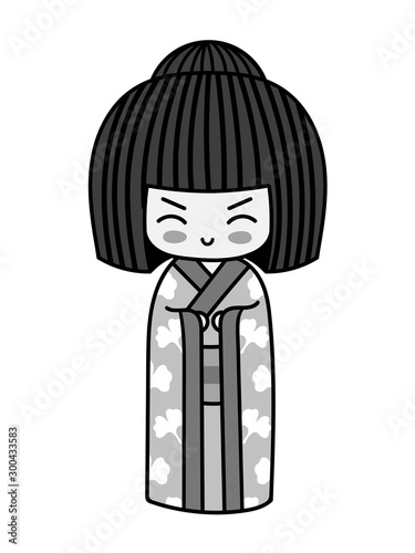 Kawaii little traditional kokeshi dolls. Cute cartoon japanese girl in kimono for tattoo, pin, sticker, badge and patch. Vector illustration.