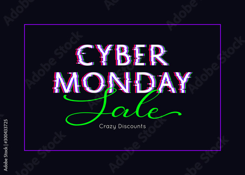 Cyber Monday sale poster. Glitch design. Vector illustration