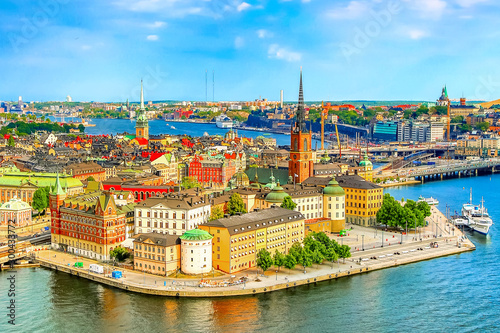 Gamla Stan, the old part of Stockholm in a sunny summer day, Sweden. Aerial view from Stockholm City hall Stadshuset. photo