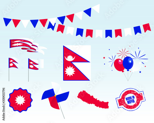 National holiday. Independence Day of Nepal, set of vector design elements, Made in Nepal. Map, flags, ribbons, turntables, sockets. Vector symbolism, premium quality, set for your infographics