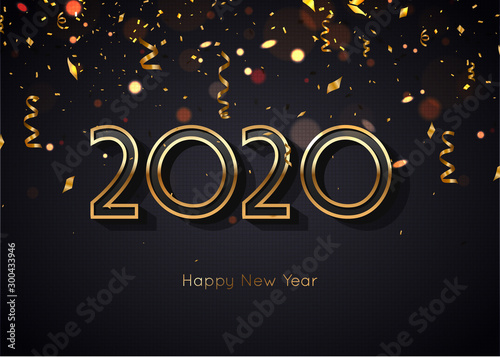 2020 Happy New Year Elegant Background. Gold Text and Confetti. Vector illustration