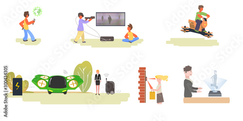 People and Futuristic Technologies. Virtual reality in education and computer games. Flying cars, motorcycles. Self-moving suitcase. Biometric sensors. Remote charging electric car. Vector. Cartoon.