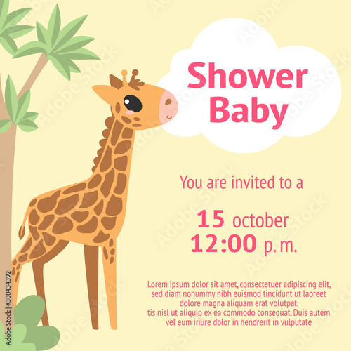 Baby giraffe under palm trees on a sandy background. Invitation card template design for baby shower party. Vector