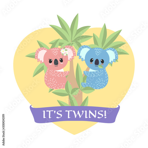 Koala twins boy and girl on a eucalyptus tree. Invitation card template design for baby shower party. Vector