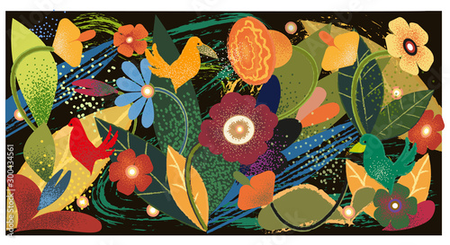 Vector illustration Floral print, pattern, background with birds