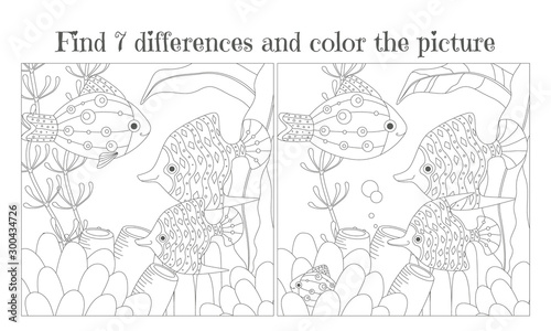 Find the seven differences and color the picture. Decorative fish among the algae in the aquarium. Vector