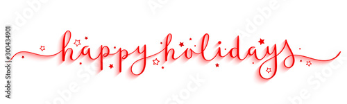 HAPPY HOLIDAYS red vector brush calligraphy banner with swashes and stars