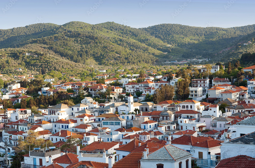Panoramic view of old town on Skopelos Island, Northen Sporades, Greece