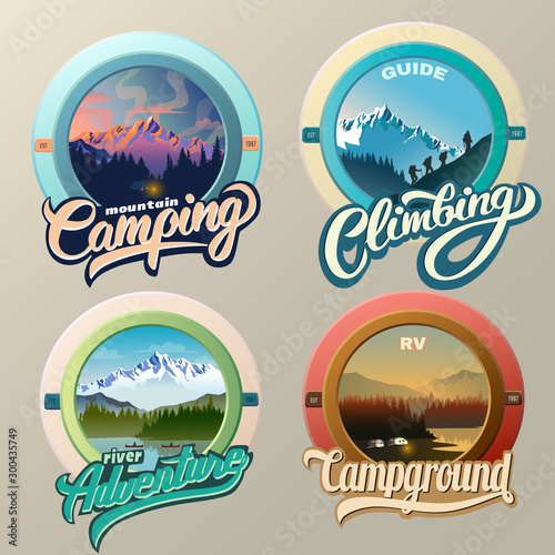 Set of outdoor mountain adventure labels and badges