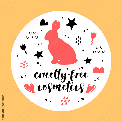 Free cruelty cosmetics concept. Bunny with lettering. Vector illustration. 