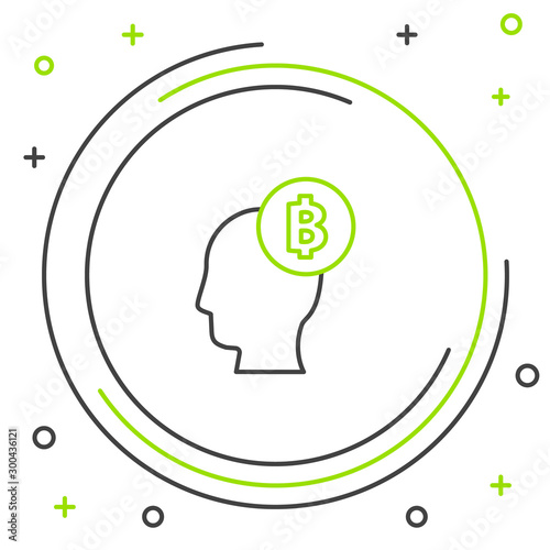 Black and green line Bitcoin think icon on white background. Cryptocurrency head. Blockchain technology, digital money market, cryptocoin wallet. Colorful outline concept. Vector Illustration