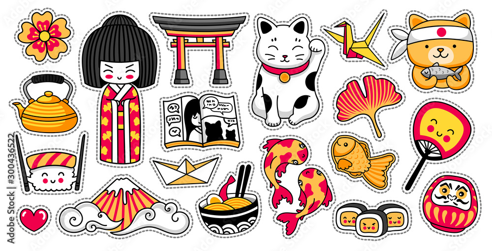 Set of kawaii japanese cartoon stickers. Kokeshi doll, maneki-neko, carps,  origami, fuji, sushi, manga, ginko leaf, taiyaki fish and torii. Vector  illustrations. Stock Vector