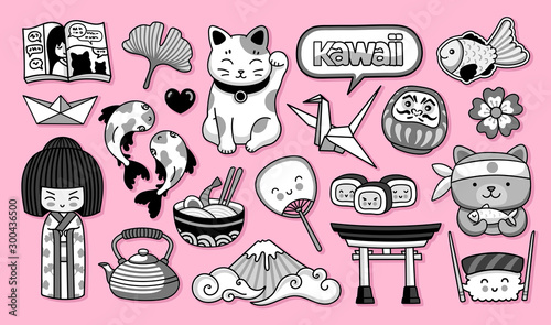 Set of kawaii cartoon japanese stickers. Kokeshi doll, maneki-neko, carps, origami, fuji, temple, sushi, manga, ginko leaf and taiyaki fish. Collection of vector illustration.