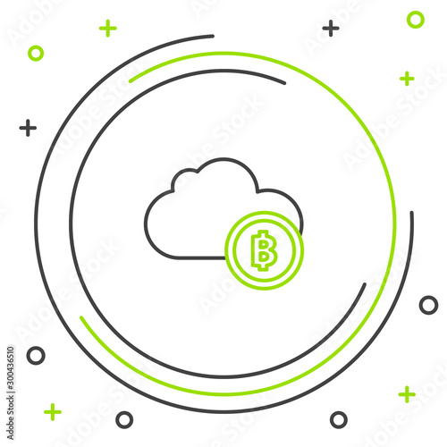 Black and green line Cryptocurrency cloud mining icon on white background. Blockchain technology, bitcoin, digital money market, cryptocoin wallet. Colorful outline concept. Vector Illustration