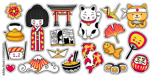 Set of kawaii japanese cartoon stickers. Kokeshi doll, maneki-neko, carps, origami, fuji, sushi, manga, ginko leaf, taiyaki fish and torii. Vector illustrations.