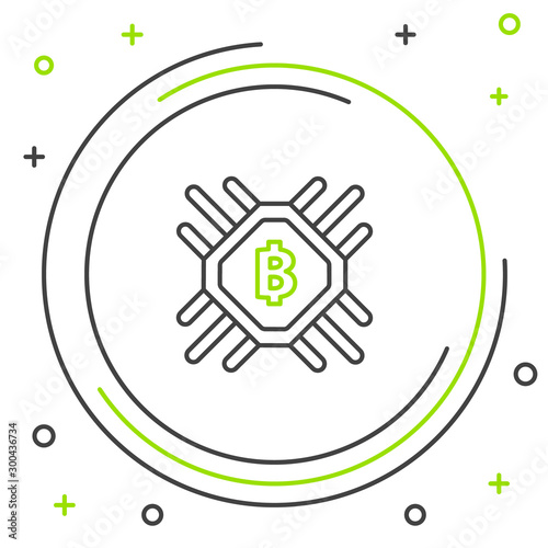 Black and green line CPU mining farm icon on white background. Bitcoin sign inside processor. Cryptocurrency mining community. Digital money. Colorful outline concept. Vector Illustration