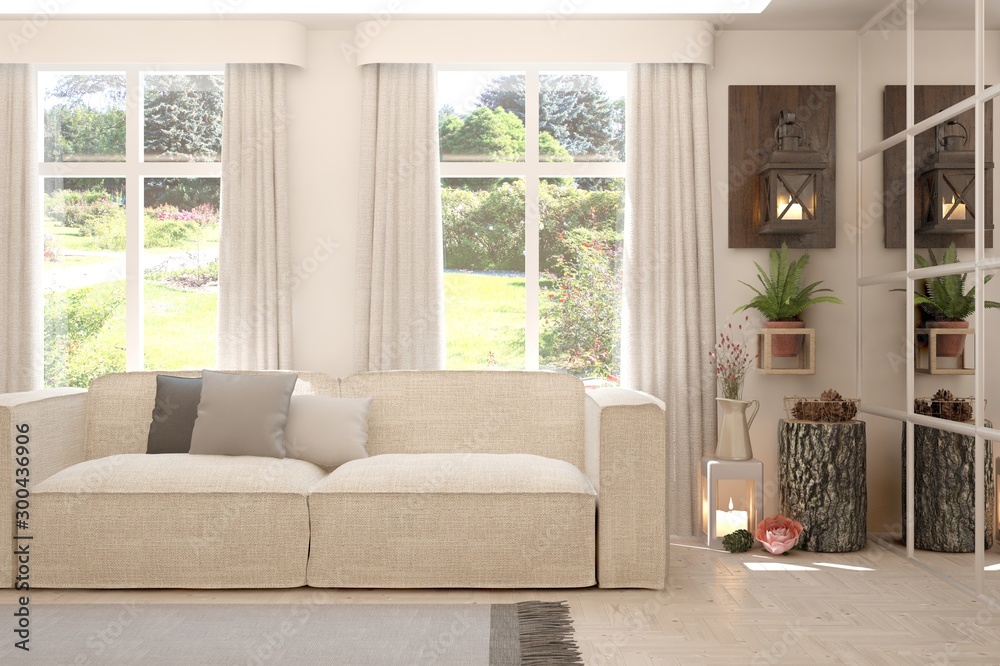Stylish room in white color with sofa and summer landscape in window. Scandinavian interior design. 3D illustration Stylish room in white color with sofa and summer landscape in window. Scandinavian interior design. 3D illustration
