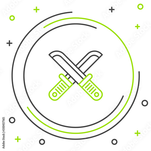 Black and green line Crossed hunter knife icon isolated on white background. Army knife. Colorful outline concept. Vector Illustration