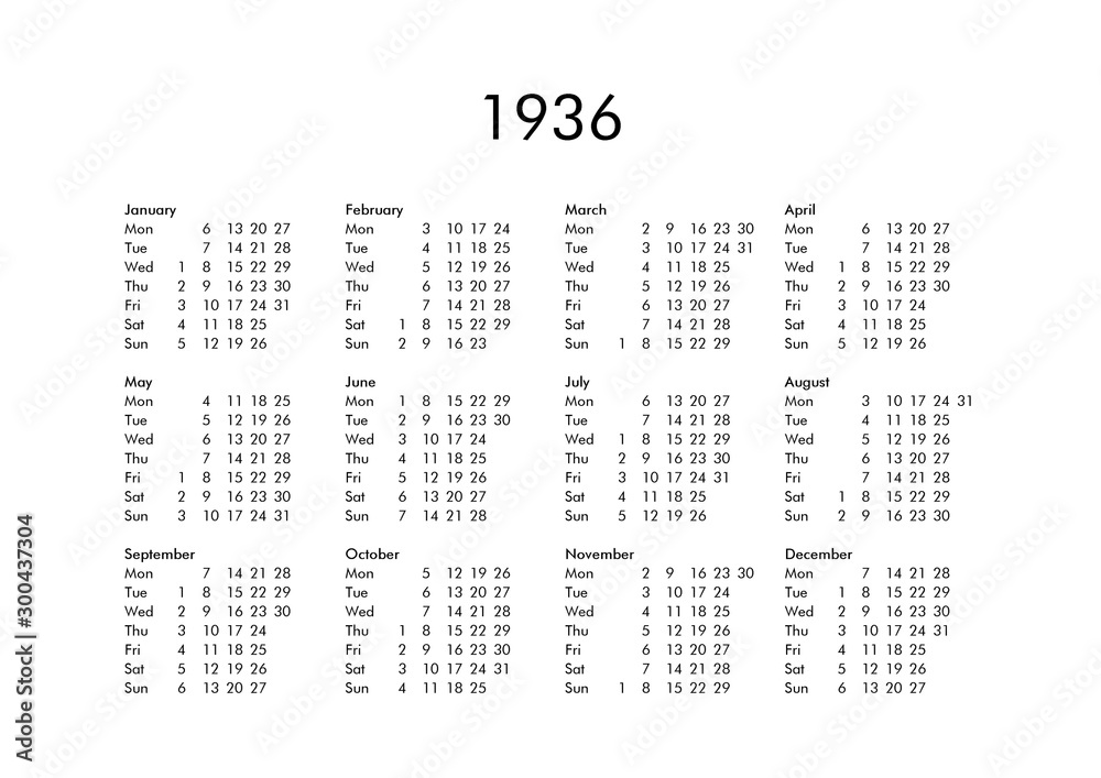 Calendar of year 1936 Stock Illustration | Adobe Stock