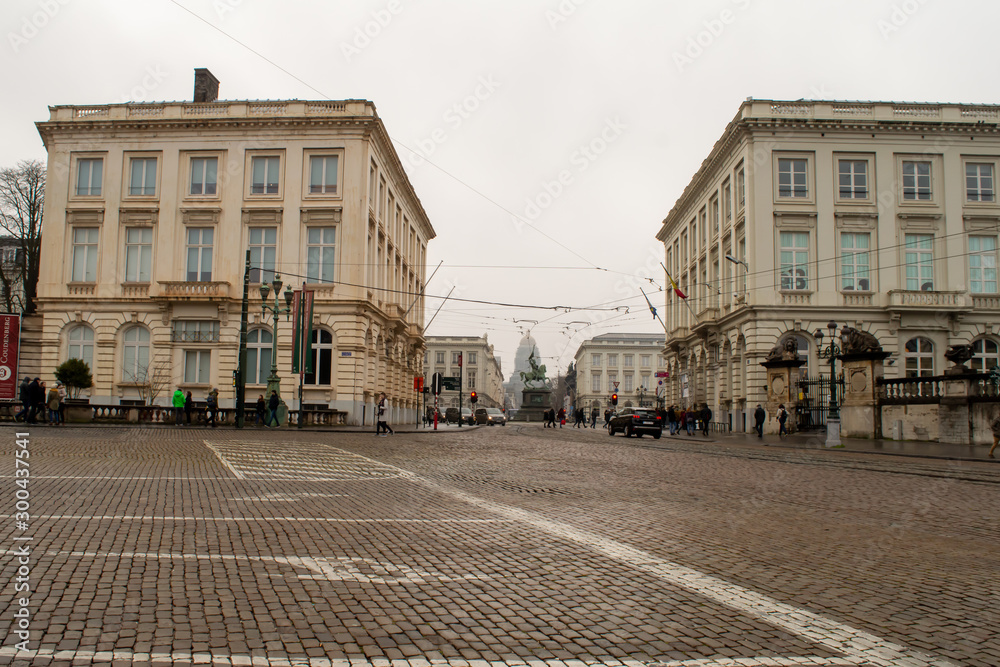 Royal street with the Palace of Justice of Brussels at the background in Brussels, Belgium on December 30, 2018. 