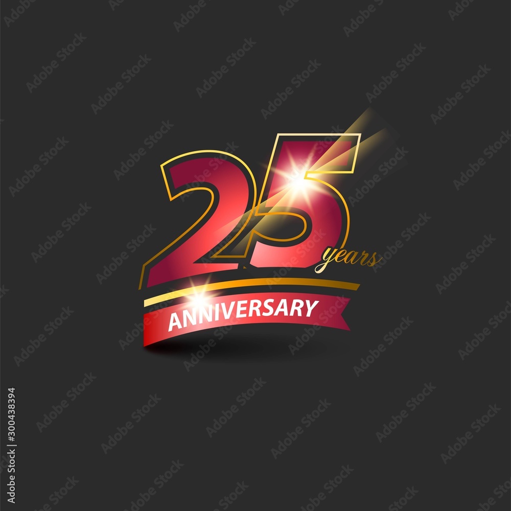 25 Years Red Gold Anniversary Logo with Anniversary Ribbon. Stock