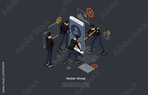 Isometric hacker attack concept. Internet hacker composition with hacker group headline.