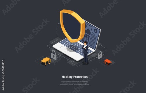 Isometric Internet hacker attack and personal data security concept. Computer security technology.