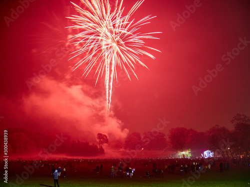 Fireworks light up the sky in front of a crowd  at Thornes Park  Wakefield  Yorkshire