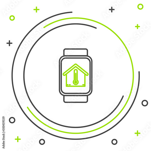Black and green line Smart watch with house temperature icon isolated on white background. Thermometer icon. Colorful outline concept. Vector Illustration