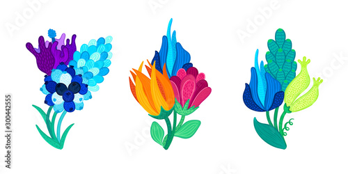 Bouquets of beautiful colorful flowers. Speckled petals. Hand-drawn plants. Floral arrangement. Bunch of bloom. Composition for design of cards, invitations, posters, flyers, print on clothes. Vector © leila_divine
