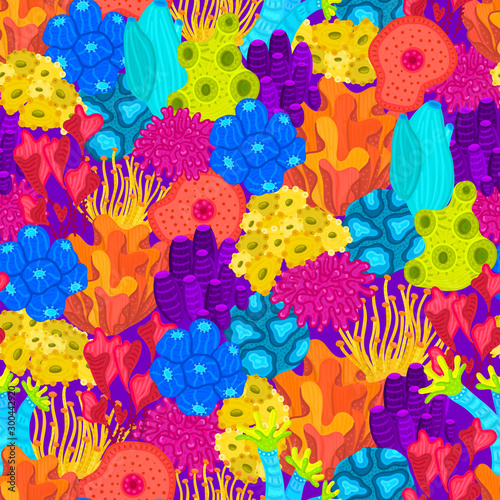 Vector seamless pattern with corals. Background with colorful sea or ocean life. Underwater world. Design for attributes of water park, aquarium. Wrapping paper, package, wallpaper, textile, label