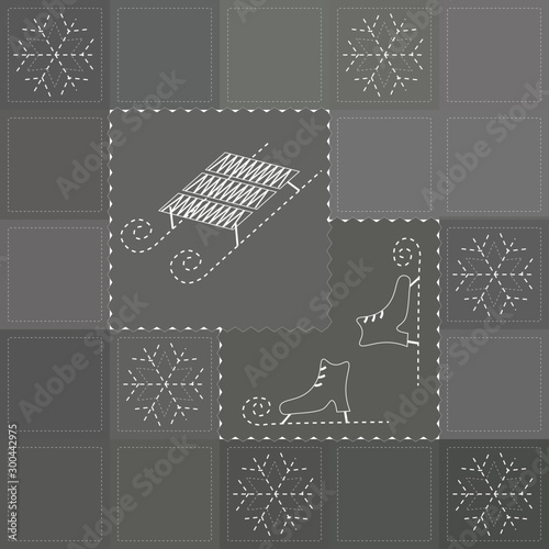 Simple gray seamless pattern with snowflakes, skates and sledges. Looks like patchwork with stitches. Good for paper napkins, decorative paper, tablecloth.