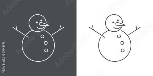 Icono plano lineal hombre de nieve con zanahoria en gris y blanco