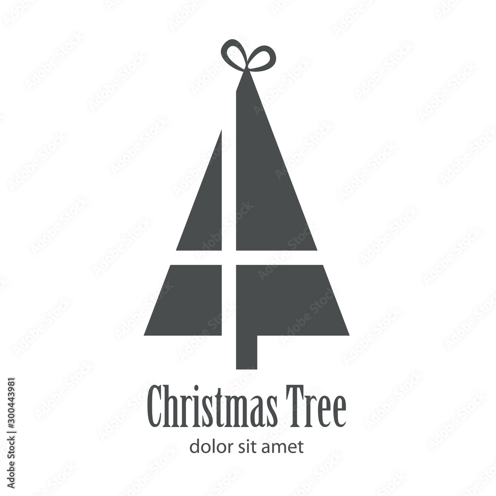 Logotipo con texto Christmas Tree con árbol abstracto como caja de regalo en color gris Logotipo con texto Christmas Tree con árbol abstracto como caja de regalo en color gris