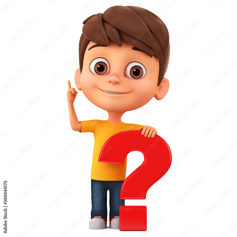 Cartoon character little boy with a big question mark on a white background. 3d render illustration. Cartoon character little boy with a big question mark on a white background. 3d render illustration.