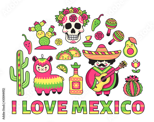 I love Mexico banner. Concept for t-shirt, print, poster and postcard. Scull, pinata, cactus, musician and sombrero.