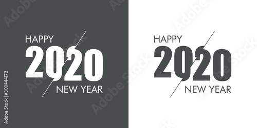 Logotipo con texto Happy New Year 2020 desplazado con linea en gris y blanco