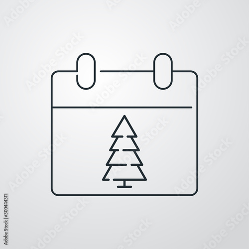 Logotipo lineal calendario con árbol de navidad en fondo gris