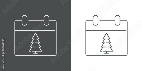 Logotipo lineal calendario con árbol de navidad en gris y blanco