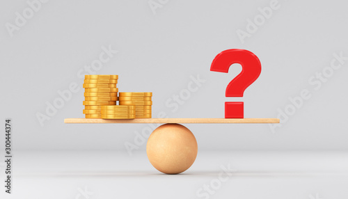Принти на полотні Large question mark and gold coins on a wooden scale