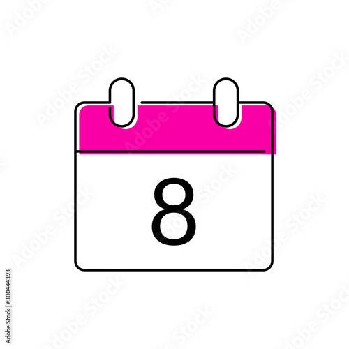 Día de la mujer. Calendario con día 8. Icono plano lineal con color violeta