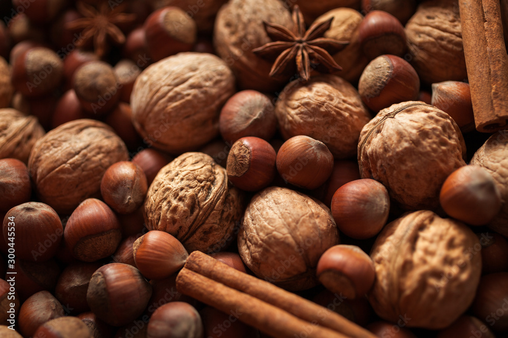 Nuts. Mix of nuts and spices. Food background Nuts. Mix of nuts and spices. Food background