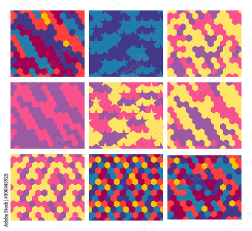 Set of colorful contrasting geometric seamless patterns