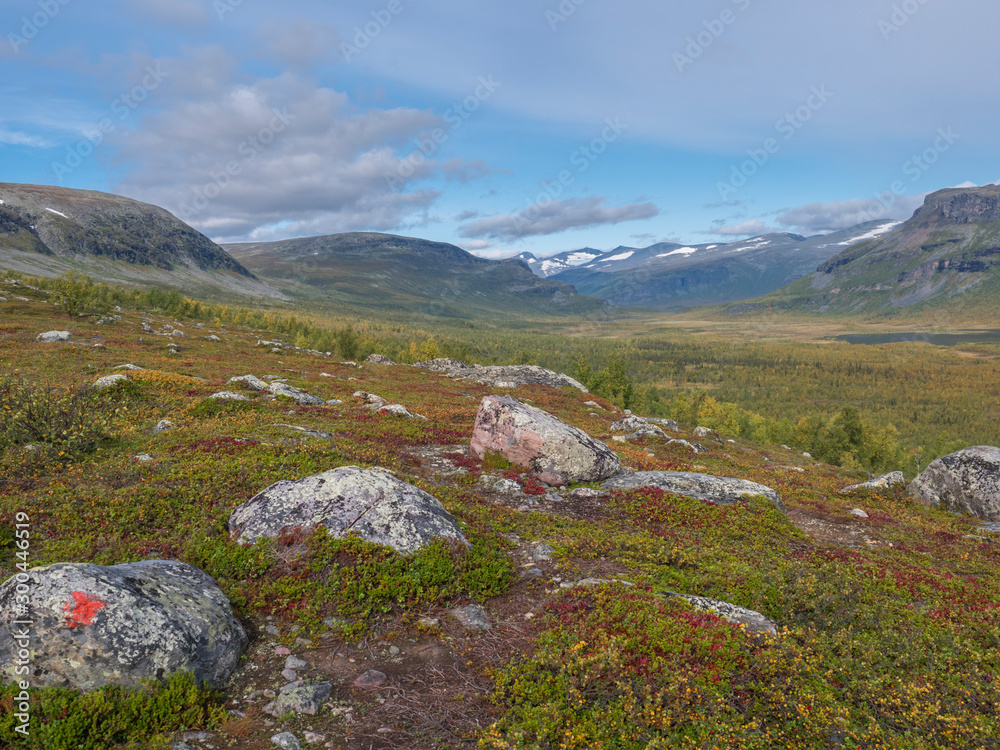 Beautiful wild nature of Sarek national park in Sweden Lapland with snow capped mountain peaks, river and lake, birch and spruce tree forest. Early autumn colors, blue sky white clouds.